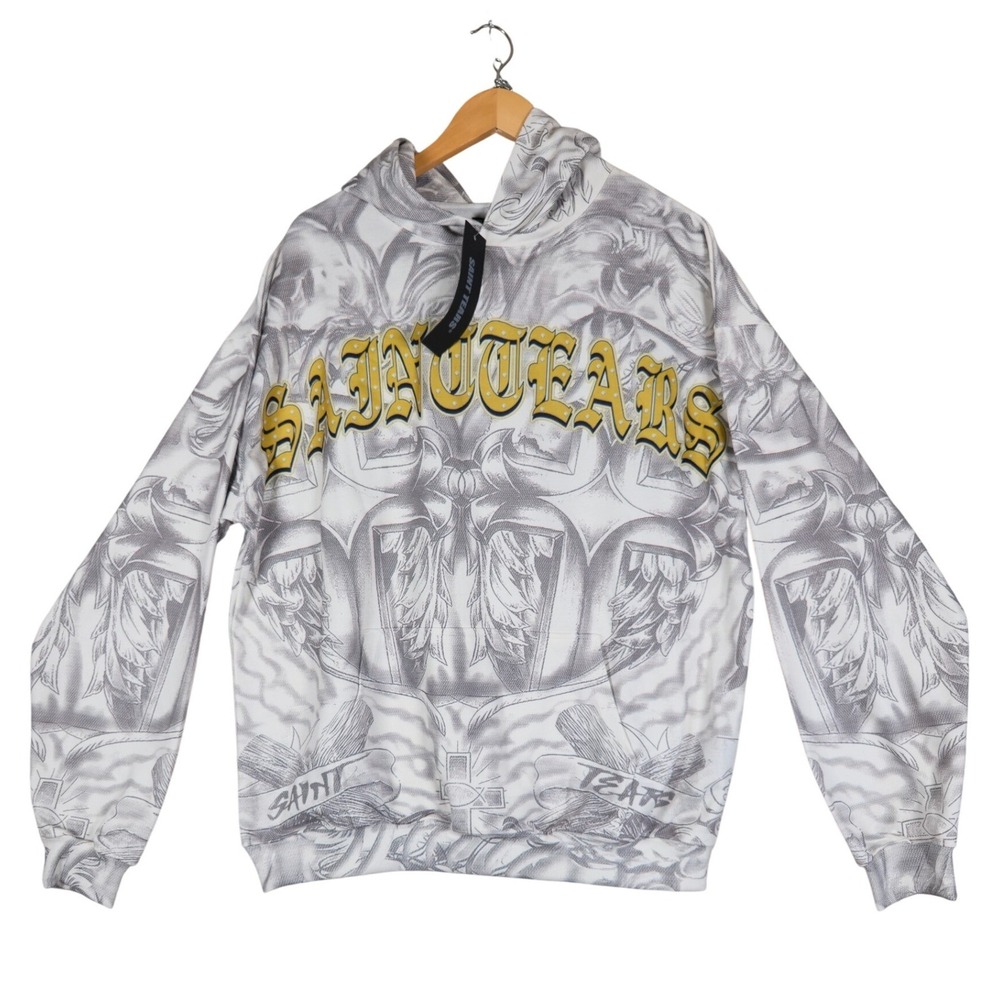 Saint Tears Mens All Over Graphic Print Cotton Hoodie XL White Grey Yellow
